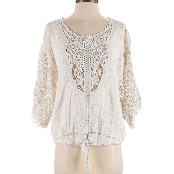 Spiaggia Dolce Tops - Cream Embellished Tie Front Blouse with 3/4 Sleeves